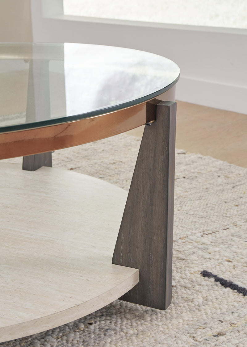 Ashley Furniture Frazwa occasional table set with two modern wooden tables featuring sleek metal legs and a stylish design.