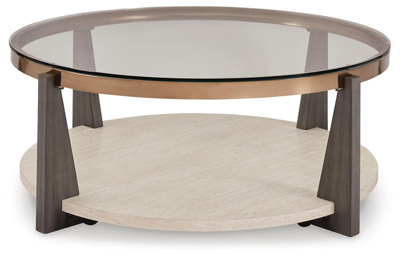 Ashley Furniture Frazwa occasional table set with round wooden tops and sleek metal legs, shown in a modern living room setting