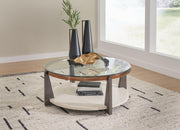 Set of two Ashley Furniture Frazwa Occasional Tables with wooden tops and black metal legs, modern living room accent tables.