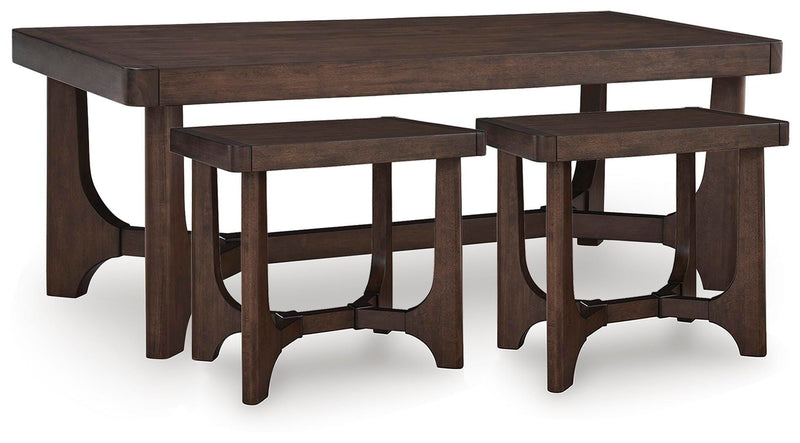 Ashley Furniture Korestone occasional table set for living room, featuring modern design with three matching tables.