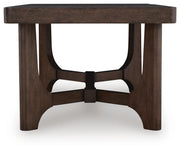 Ashley Furniture Korestone Occasional Table Set with two side tables featuring sleek wood finishes and modern design.