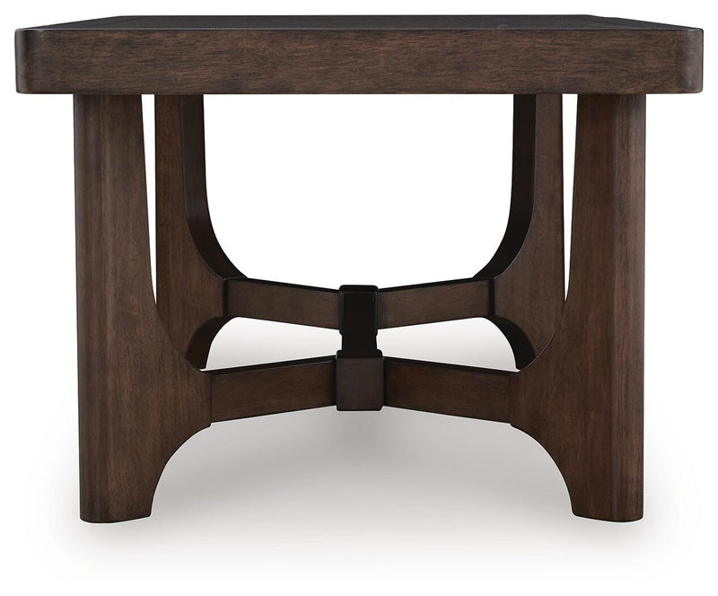 Ashley Furniture Korestone Occasional Table Set with two side tables featuring sleek wood finishes and modern design.