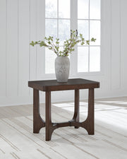 Ashley Furniture Korestone living room occasional table set with three stylish tables featuring sleek designs and wood finishes.