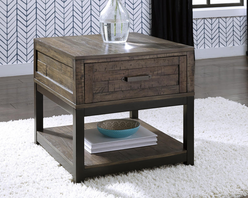 Ashley Furniture Johurst Occasional Table Set featuring modern tables with wood finish and sleek metal legs.