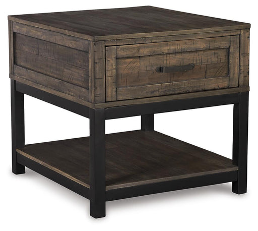 Ashley Furniture Johurst End Table with a dark wood finish and simple, modern design, featuring a flat top surface and sturdy legs.
