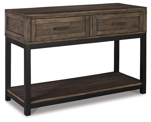 Ashley Furniture Johurst sofa table with a sleek wooden finish, featuring a spacious top and modern design for living room decor.
