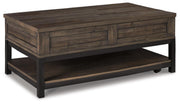 Ashley Furniture Johurst Coffee Table with Lift Top, modern cocktail table featuring a lift-up surface and sleek design.
