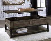 Ashley Furniture Johurst coffee table with lift top, open to reveal storage space in a modern cocktail table design.