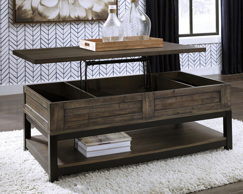 Ashley Furniture Johurst coffee table with lift top, open to reveal storage space in a modern cocktail table design.