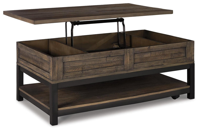 Ashley Furniture Johurst coffee table with lift top, open cocktail table showcasing storage and modern design in a living room setting.