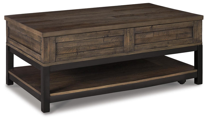 Ashley Furniture Johurst Occasional Table Set with two modern tables featuring a sleek wood finish and metal accents.