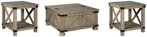 Ashley Furniture Aldwin occasional table set with three wooden tables featuring modern design and natural wood finish.