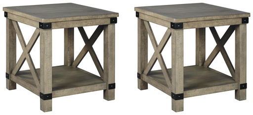 Ashley Furniture Aldwin End Table Set showing two stylish wooden tables with modern design and smooth finishes.