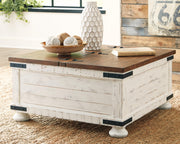 Ashley Furniture Wystfield occasional table set with two rustic wooden tables featuring metal legs and a modern design.