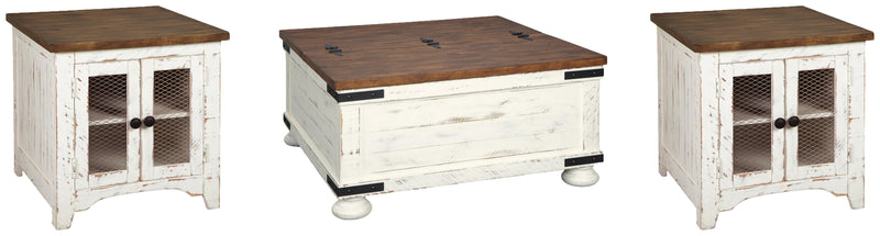 Ashley Furniture Wystfield occasional table set with three round tables featuring wooden tops and black metal legs.