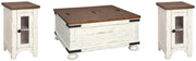 Ashley Furniture Wystfield occasional table set with three wood tables featuring dark finish and tapered legs.