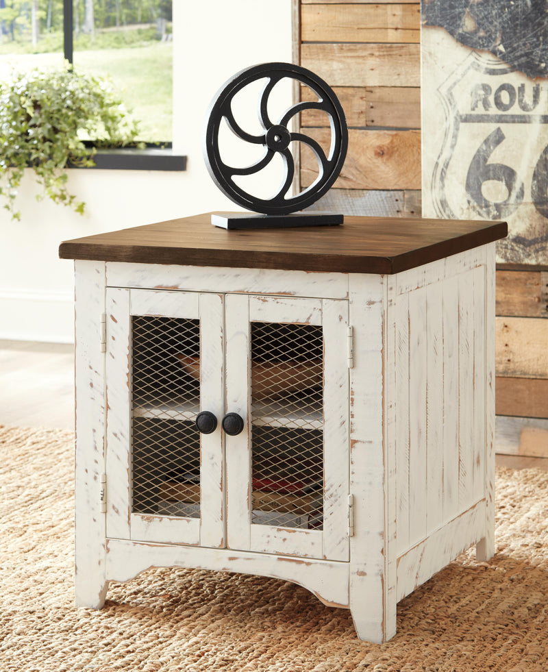 Ashley Furniture Wystfield occasional table set with three wooden tables featuring metal accents and a warm finish.
