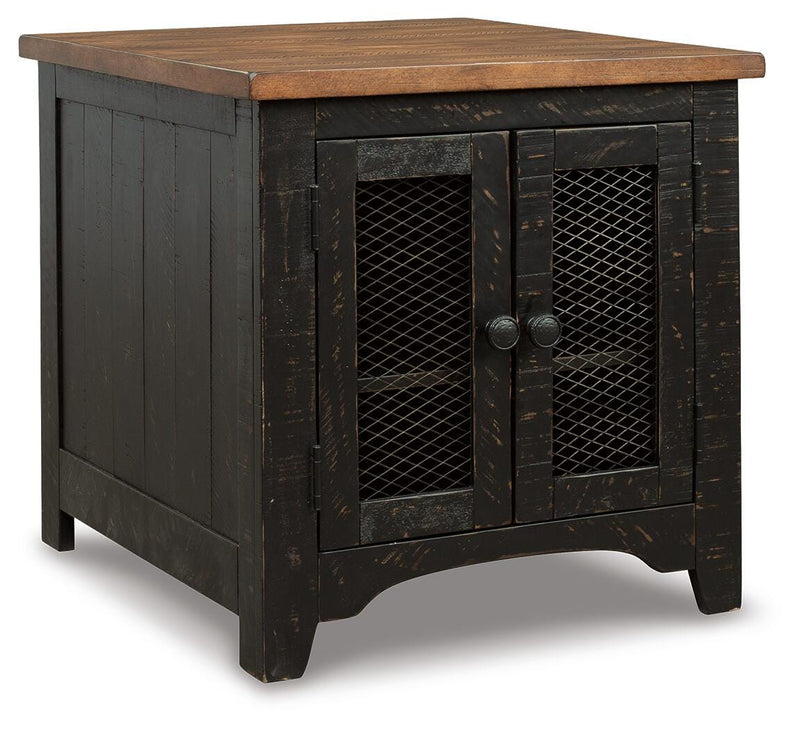 Ashley Furniture Valebeck end table set with three angled tables featuring dark wood finish and modern design.