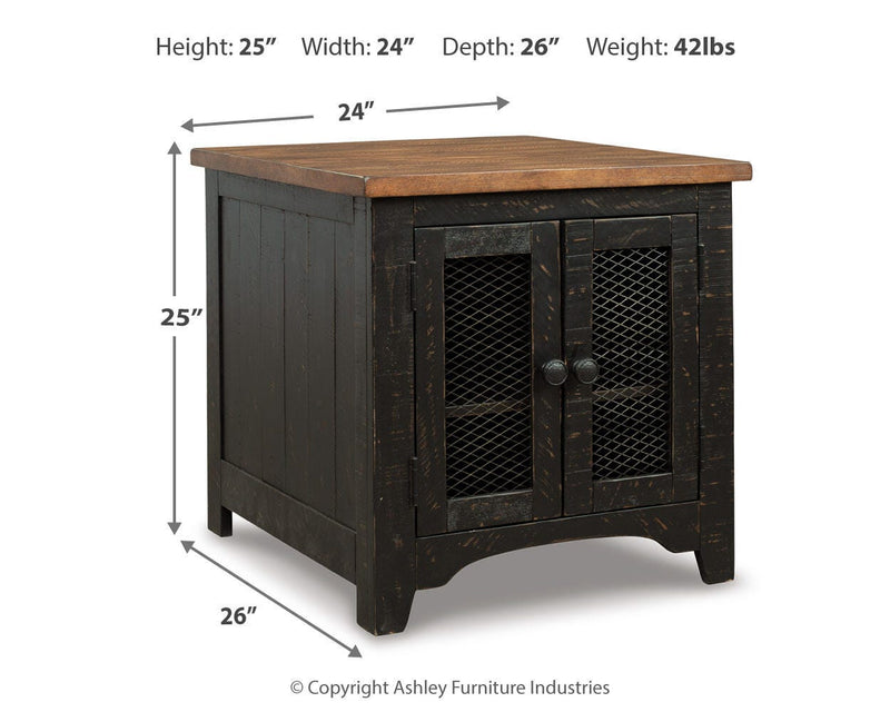 Ashley Furniture Valebeck Occasional Table Set with three matching tables featuring wooden tops and modern metal legs.