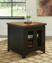 Set of two Ashley Furniture Valebeck End Tables with wooden tops and metal legs, displayed together in a modern living room setting.