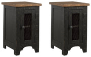 Ashley Furniture Valebeck End Table Set featuring two stylish wooden tables with metal legs and a modern design.