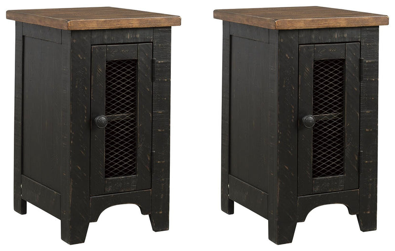 Ashley Furniture Valebeck End Table Set featuring two stylish wooden tables with metal legs and a modern design.
