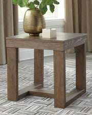 Ashley Furniture Cariton End Table with wood finish, square shape, and modern design, featuring a smooth surface and sturdy legs.