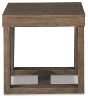 Ashley Furniture Cariton end table with a dark wood finish and sleek modern design, featuring a single drawer and open shelf.
