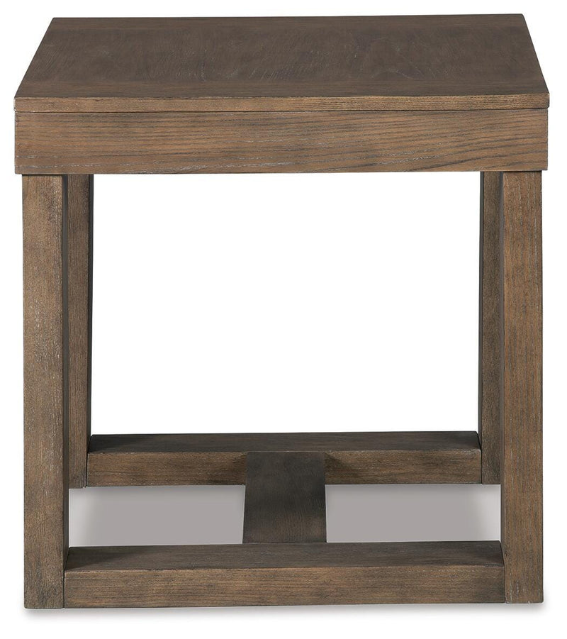 Ashley Furniture Cariton end table with a dark wood finish and sleek modern design, featuring a single drawer and open shelf.