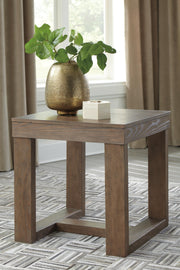 Ashley Furniture Cariton End Table Set featuring two stylish wood tables with black metal frames and modern design.