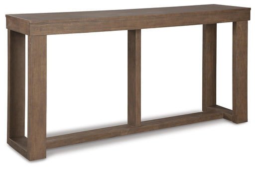 Ashley Furniture Cariton sofa console table with sleek wooden surface and modern design, shown from an angled view.