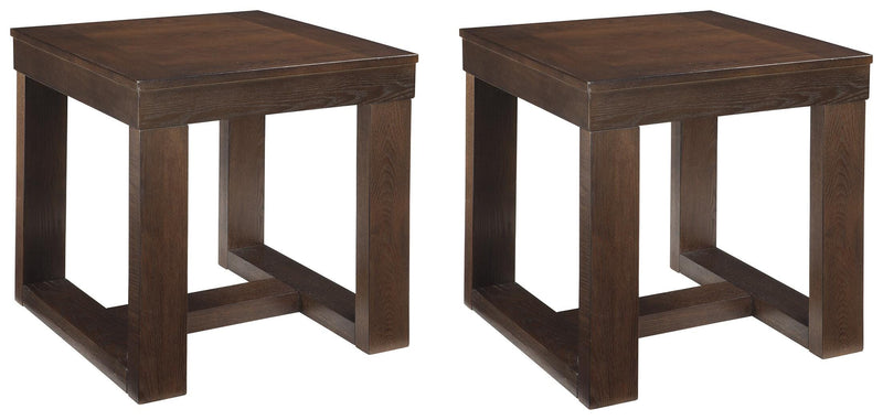 Pair of Ashley Furniture Watson End Tables from the T481-2 set, featuring sleek wooden surfaces and modern design.