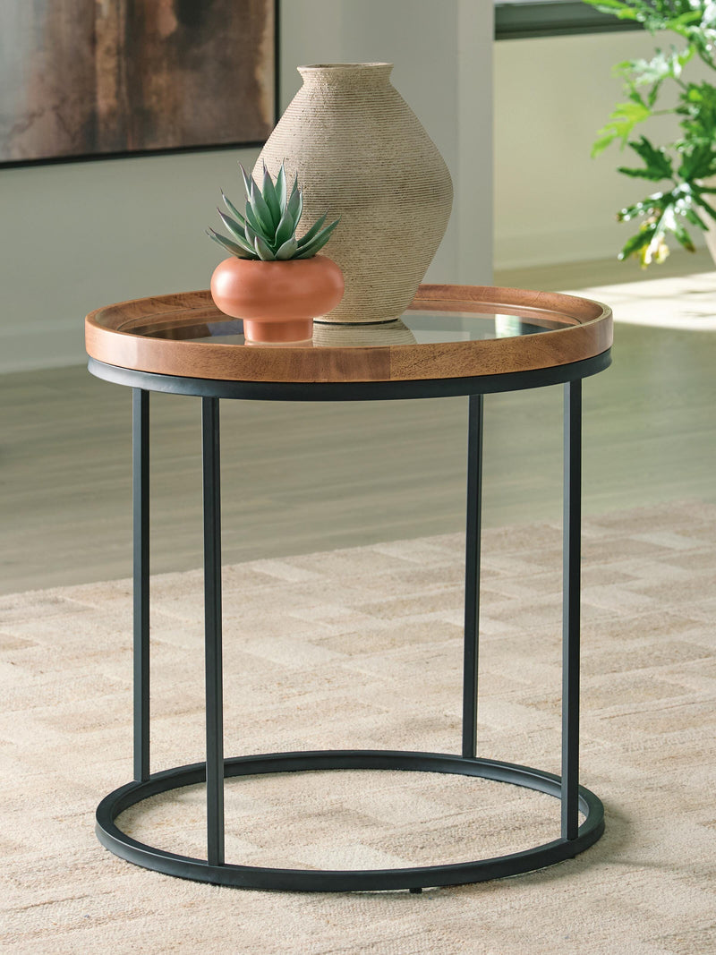 Ashley Furniture Noraluna End Table with a sleek wooden surface and modern design, shown in a stylish living room setting.