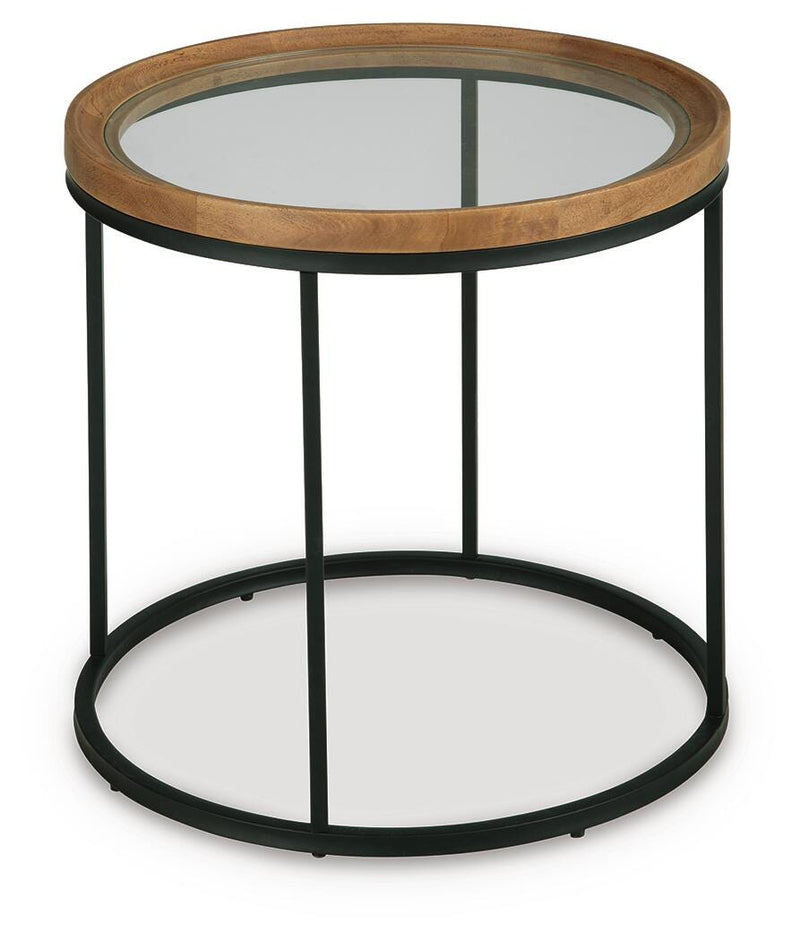 Ashley Furniture Noraluna end table with a modern design, featuring a wooden top and angled legs.