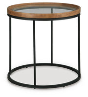 Ashley Furniture Noraluna End Table with angled wooden top and metal legs, modern design for living room decor.
