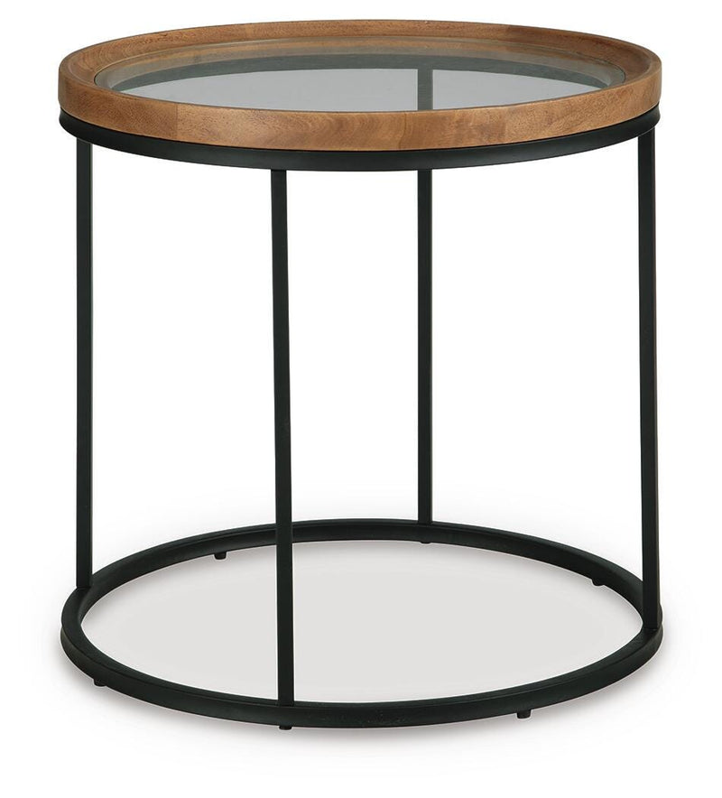 Ashley Furniture Noraluna End Table with angled wooden top and metal legs, modern design for living room decor.