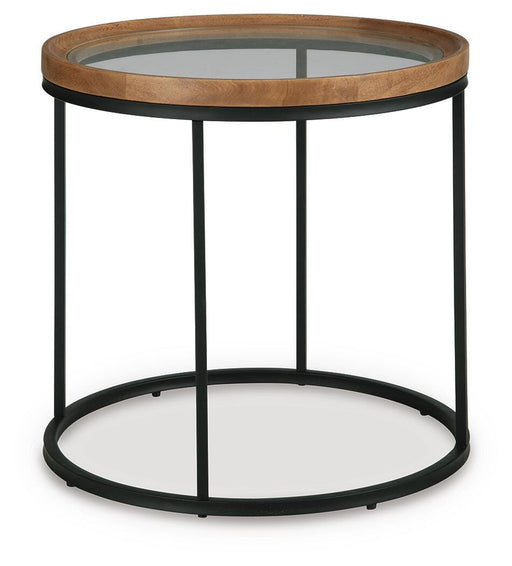 Ashley Furniture Noraluna End Table with angled wooden top and metal legs, modern design for living room decor.