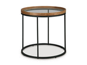 Ashley Furniture Noraluna end table with angled wooden design, featuring a smooth surface and modern aesthetic in natural wood finish.