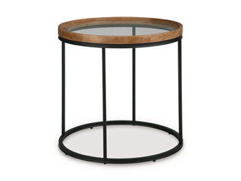 Ashley Furniture Noraluna end table with angled wooden design, featuring a smooth surface and modern aesthetic in natural wood finish.