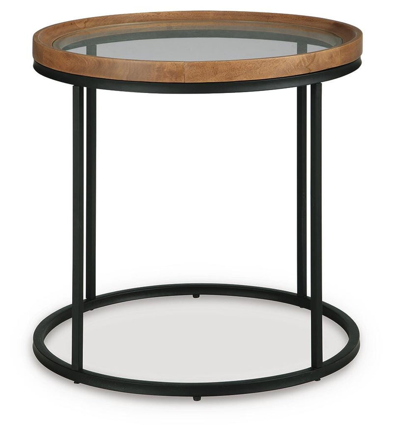 Ashley Furniture Noraluna end table with a sleek wooden surface and modern design, shown from a head-on angle.