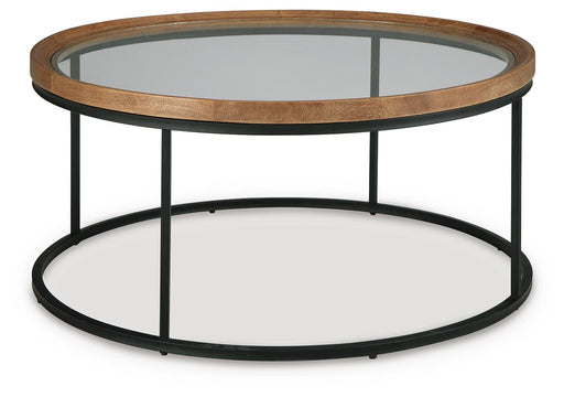 Ashley Furniture Noraluna cocktail coffee table with a sleek wooden top and modern design, shown from an angled side view.