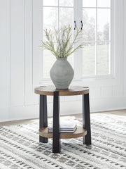 Ashley Furniture Ridgester end table with a wooden top and tapered legs, showcasing a stylish and functional living room accent piece.