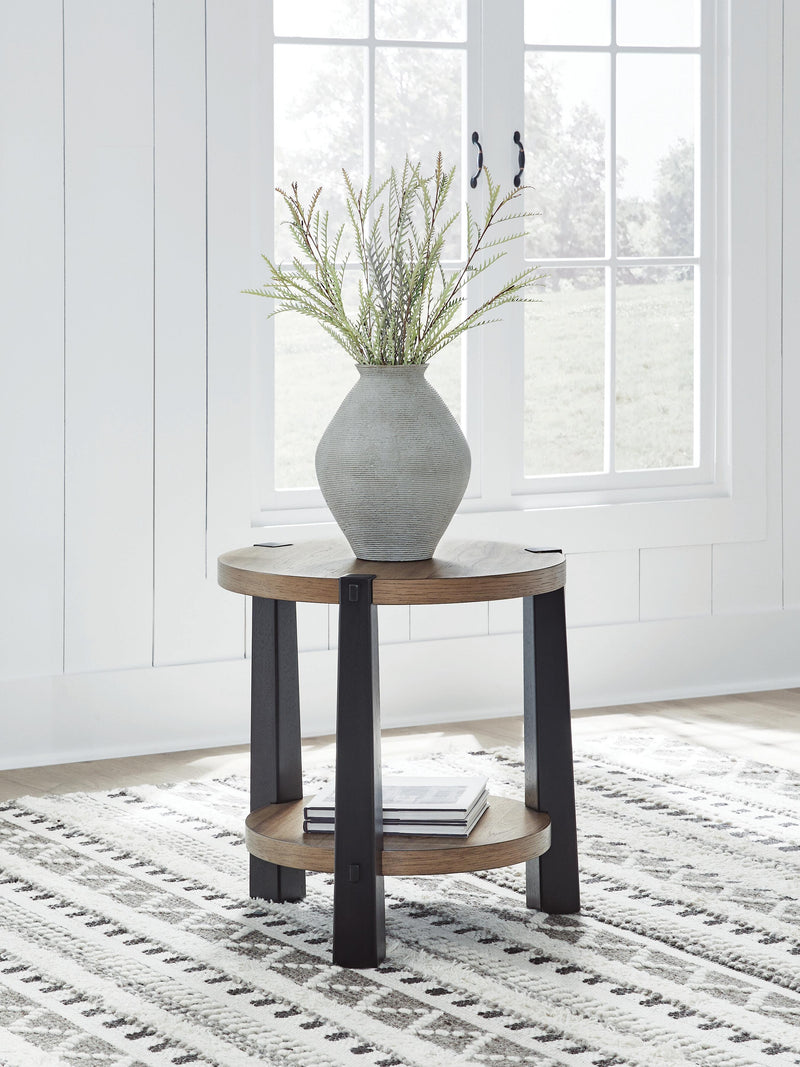 Ashley Furniture Ridgester end table with a wooden top and tapered legs, showcasing a stylish and functional living room accent piece.
