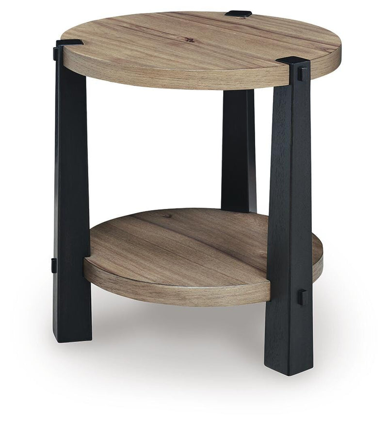 Ashley Furniture Ridgester end table with a dark wood finish and angled legs, showcasing a modern design.