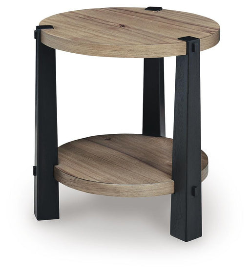 Ashley Furniture Ridgester end table with a dark wood finish and angled legs, showcasing a modern design.