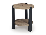 Ashley Furniture Ridgester End Table with angled wood top and dark finish, featuring a sturdy base and modern design.