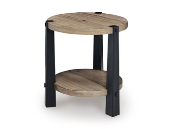 Ashley Furniture Ridgester End Table with angled wood top and dark finish, featuring a sturdy base and modern design.
