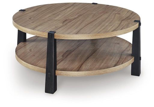 Ashley Furniture Ridgester coffee cocktail table with a sleek wooden finish and modern design, shown from an angled view.