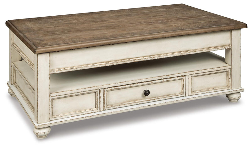 Ashley Furniture Realyn Occasional Table Set featuring three round tables with wooden tops and metal legs, angled view.