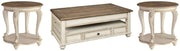 Ashley Furniture Realyn occasional table set featuring two modern tables with sleek wood and metal finishes.
